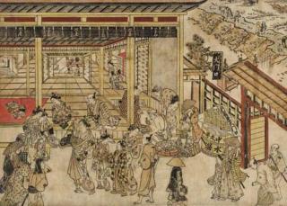 Okumura Masanobu - Shin Yoshiwara daimonguchi Nakanocho uki-e kongen (True perspective view of Nakanocho inside the great gate of the Shin-Yoshiwara)
