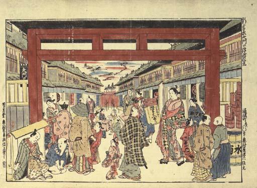 Okumura Masanobu - Shin Yoshiwara daimonguchi uki-e kongen (Original perspective picture of the entrance of the great gate to the Shin Yoshiwara)