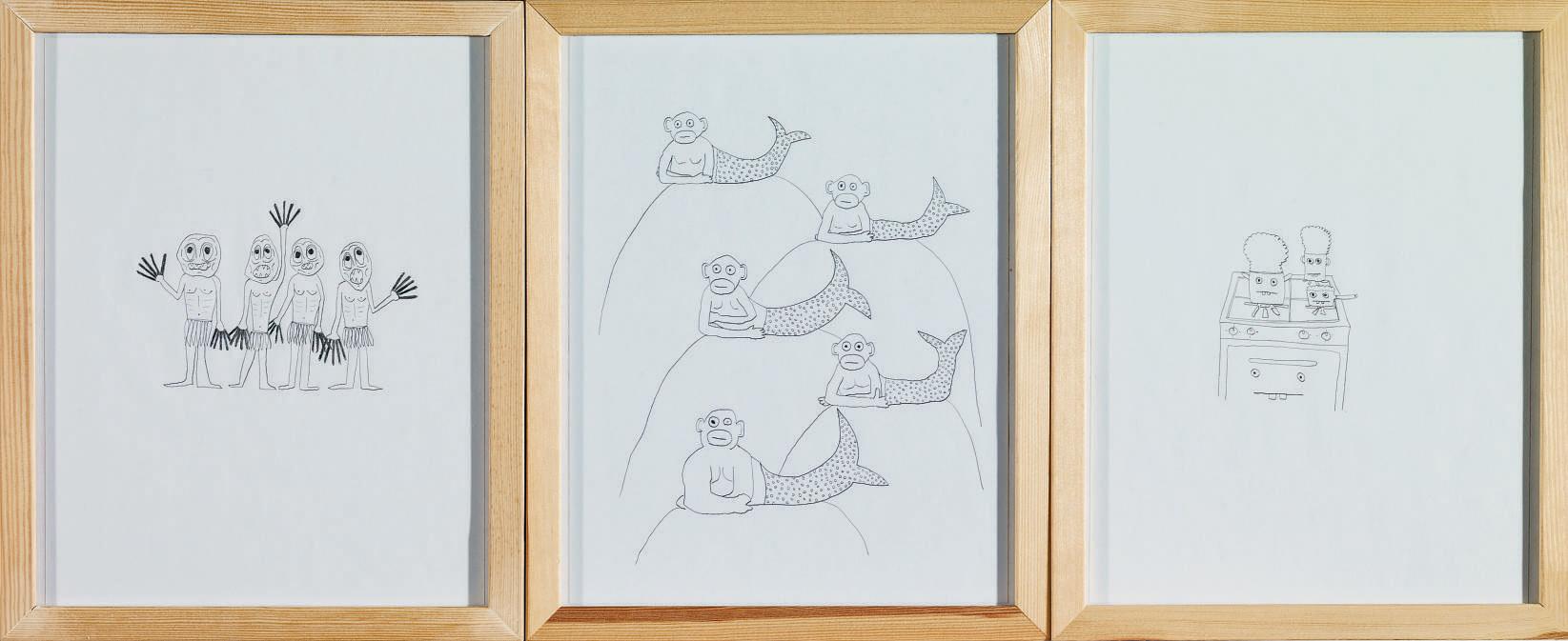 Olaf Breuning - Drei Zeichnungen, 2007 (Gorka, Meerjungfrauen, Pasta)