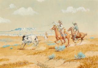 Olaf Carl Seltzer - Cowboys Herding Longhorn sight 8 1/2 x 12 in. framed 17 x 21 in.