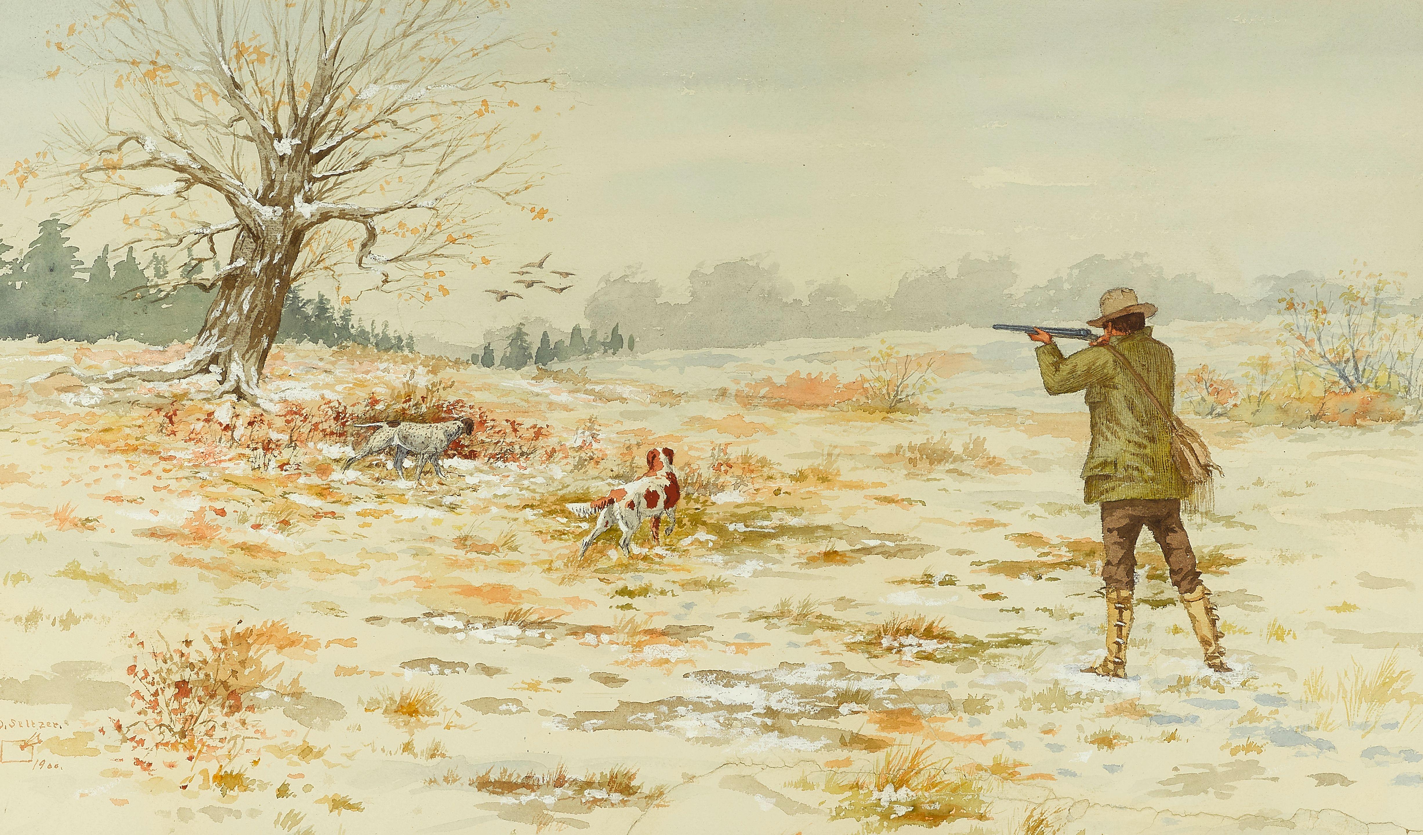 Olaf Carl Seltzer - Duck hunting scene with hunter and dog sight 17 x 28 in. framed 29 x 39 in.