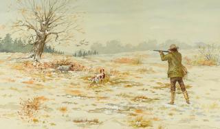 Olaf Carl Seltzer - Duck hunting scene with hunter and dog sight 17 x 28 in. framed 29 x 39 in.
