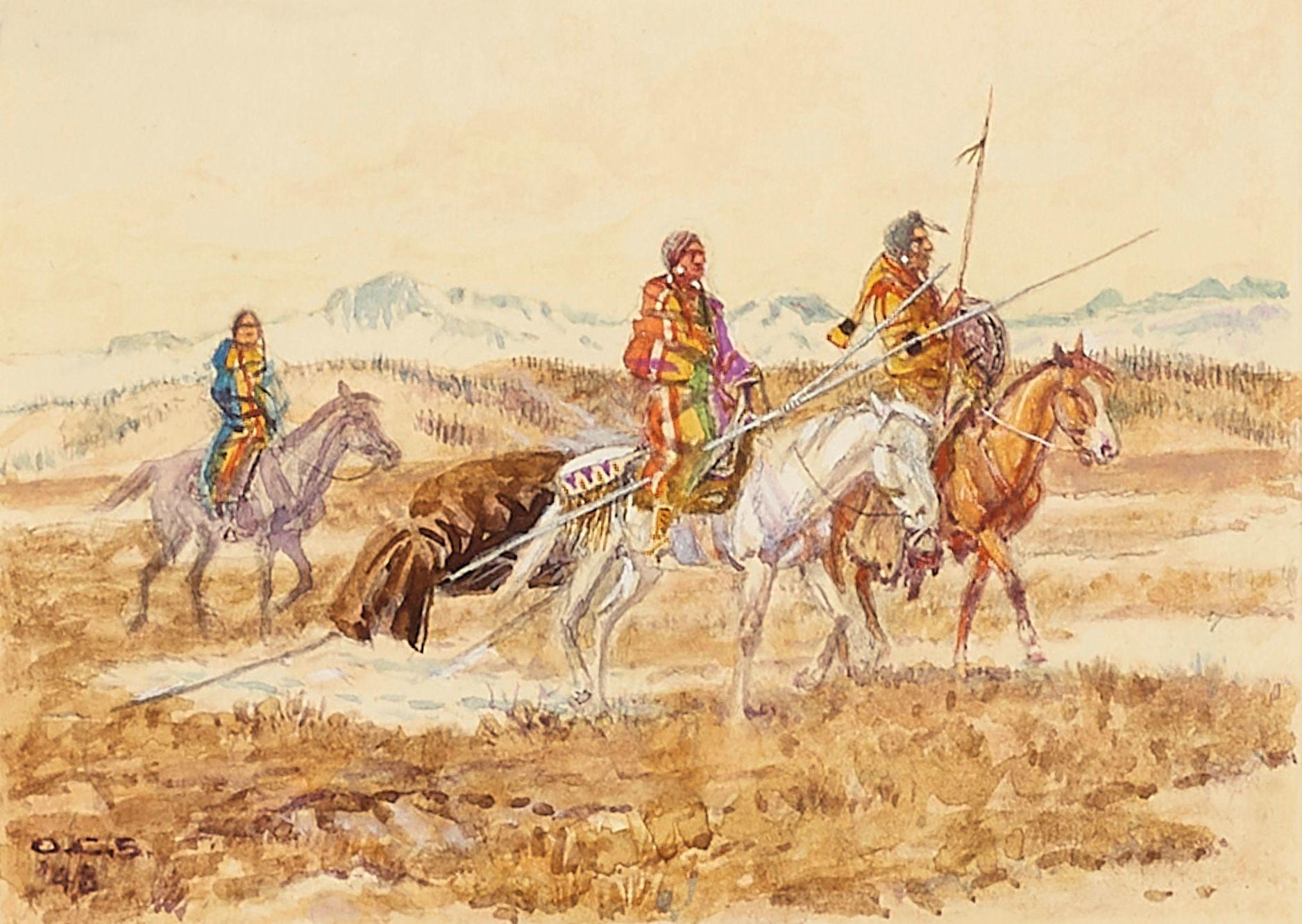 Olaf Carl Seltzer - Moving camp sight 3 x 4 1/2 in. framed 12 1/2 x 13 in.