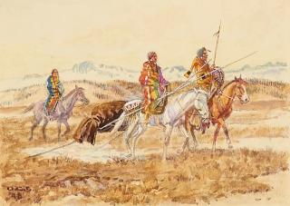 Olaf Carl Seltzer - Moving camp sight 3 x 4 1/2 in. framed 12 1/2 x 13 in.