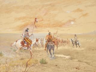 Olaf Carl Seltzer - Native American Figures and Ponies at Watering Hole 22 1/4 x 28 1/2 in. framed 28 1/2 x 34 1/2 in.