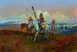 Olaf Carl Seltzer - Three Indians on Horseback 14 x 20 in. framed 22 x 28 in.