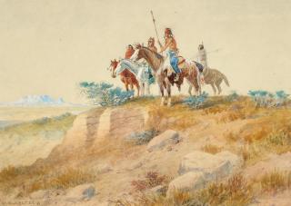 Olaf Carl Seltzer - War Party on a Bluff sight 9 x 12 in. framed 17 x 20 1/2 in.