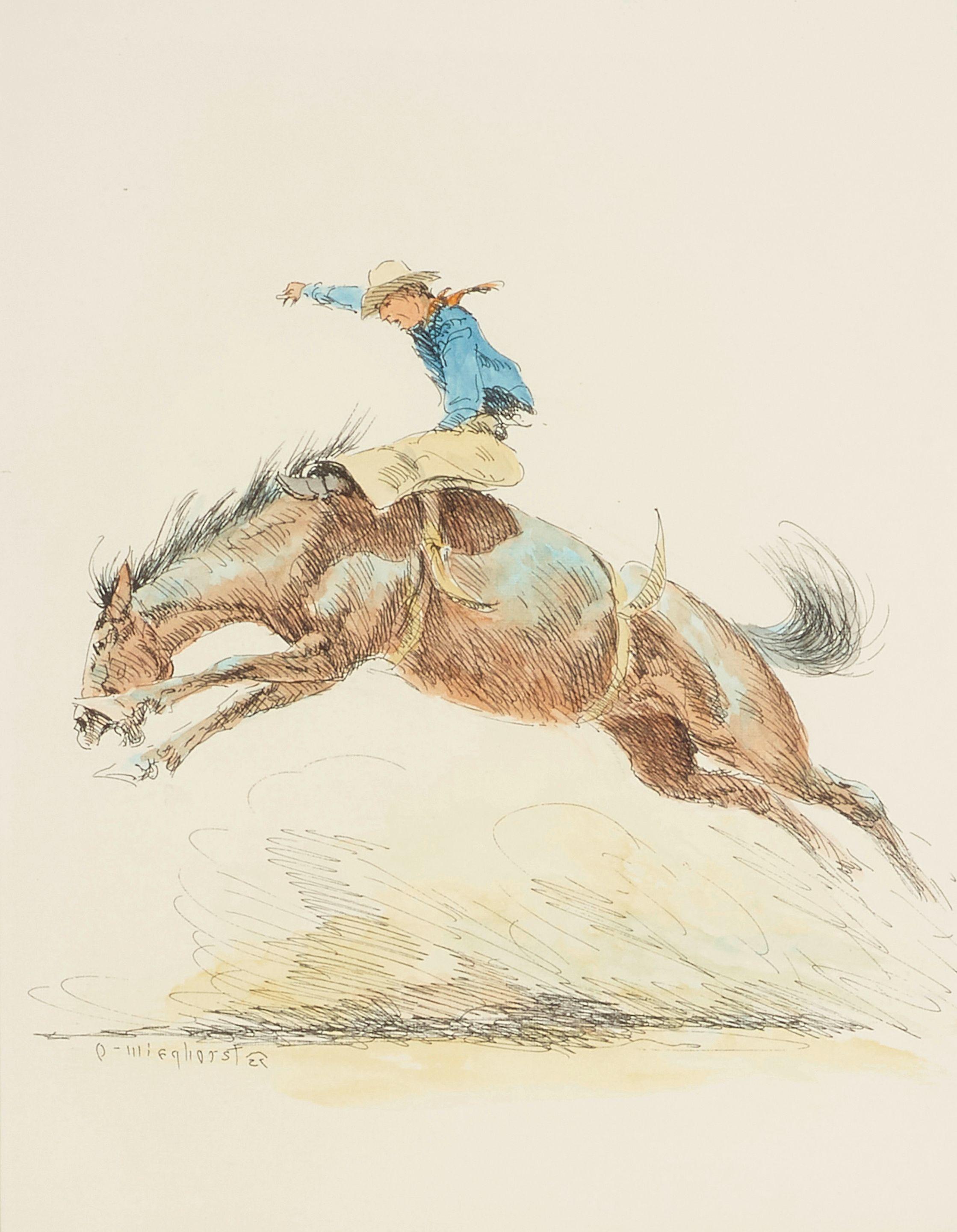 Olaf Carl Wieghorst - Cowboy on bucking horse sight 10 x 8 in. framed 21 x 18 in.
