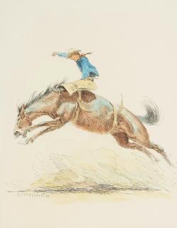 Olaf Carl Wieghorst - Cowboy on bucking horse sight 10 x 8 in. framed 21 x 18 in.