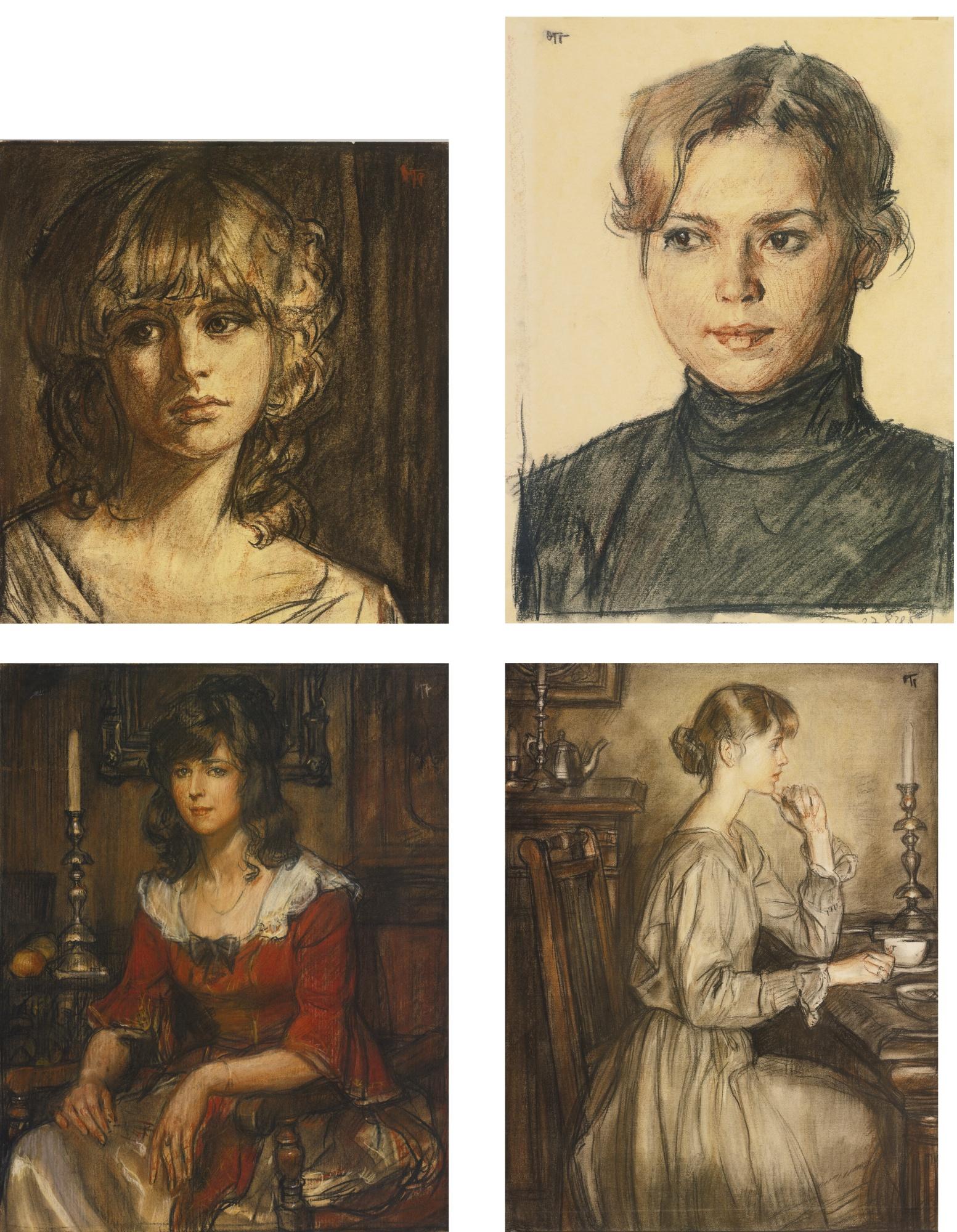 Oleg Grosse - Head Of A Blonde Woman, Woman In A Black Turtleneck, Woman In A Red Dress And Girl In A Beige Dress: Four Pastels