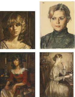 Oleg Grosse - Head Of A Blonde Woman, Woman In A Black Turtleneck, Woman In A Red Dress And Girl In A Beige Dress: Four Pastels