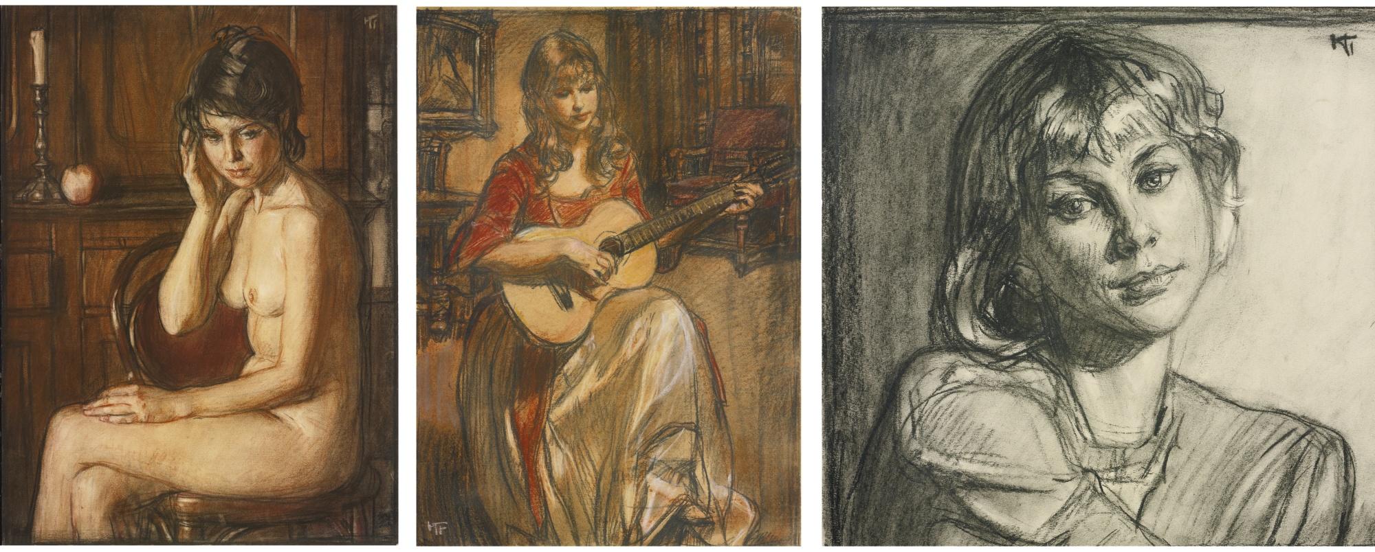 Oleg Grosse - Seated Female Nude, Woman Playing The Guitar, And Portrait Of A Woman: Three Pastels