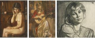 Oleg Grosse - Seated Female Nude, Woman Playing The Guitar, And Portrait Of A Woman: Three Pastels