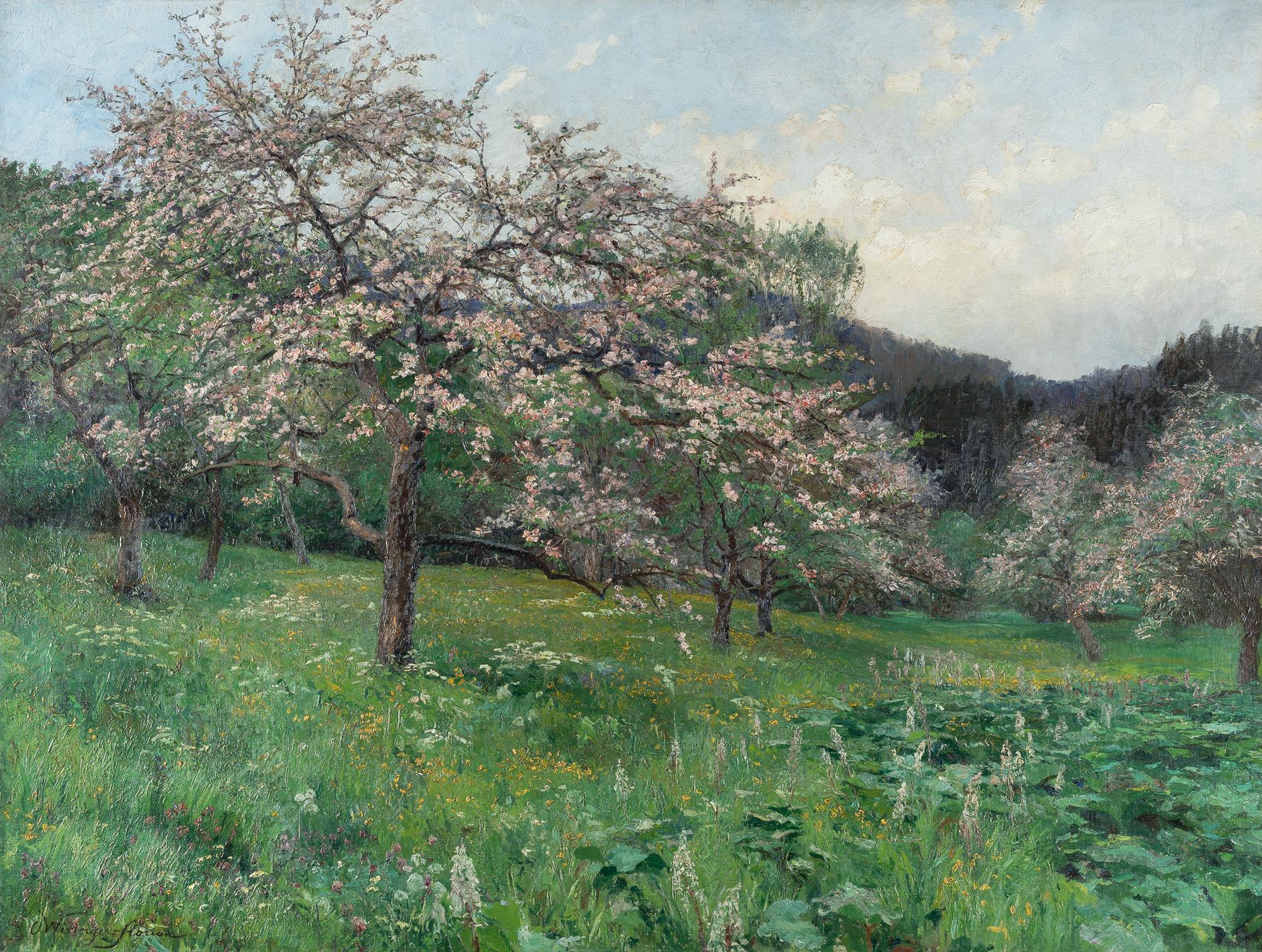 Olga Wisinger-Florian - Blühende Apfelbäume bei Abendstimmung