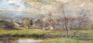 Olive Parker Black - Houses by a stream in an autumn landscape