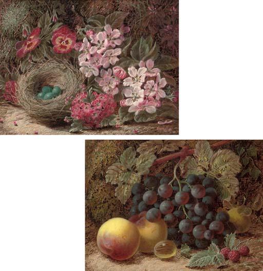 Oliver Clare - A bird\'s nest with pansies and hawthorn blossom; and Apples, grapes and greengages