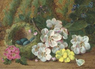Oliver Clare - Apple blossom, primroses and a bird\'s nest with eggs, on a mossy bank