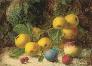 Oliver Clare - Apples, a peach, a plum and a strawberry, on a mossy bank