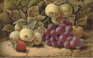 Oliver Clare - Apples, grapes and a strawberry, on a mossy bank