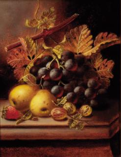 Oliver Clare - Grapes, apples, gooseberries, and a strawberry on a ledge