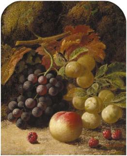 Oliver Clare - Greengages, grapes, raspberries and a peach, on a mossy bank