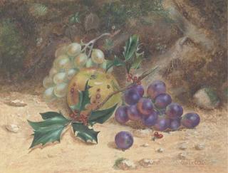 Oliver Clare - Holly with berries, Grapes and an Apple on a forest floor
