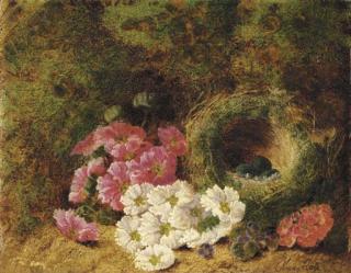 Oliver Clare - Pink, Red, White and Purple Violets, a Bird\'s Nest with Eggs against a mossy landscape; and Pink, Red and White Violets and a Bird\'s Nest with Eggs against a mossy landscape
