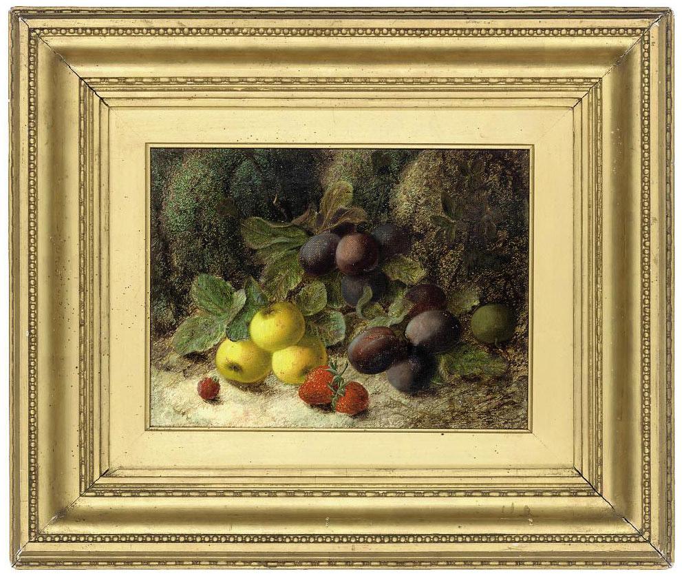 Oliver Clare - Plums, apples, strawberries and a raspberry, on a mossy bank