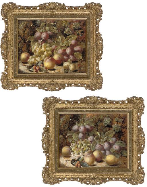 Oliver Clare - Plums, gooseberries, apples, raspberries and pear on a mossy bank; and Grapes, plums, apples and greengages on a mossy bank