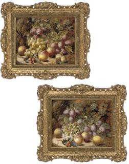 Oliver Clare - Plums, gooseberries, apples, raspberries and pear on a mossy bank; and Grapes, plums, apples and greengages on a mossy bank