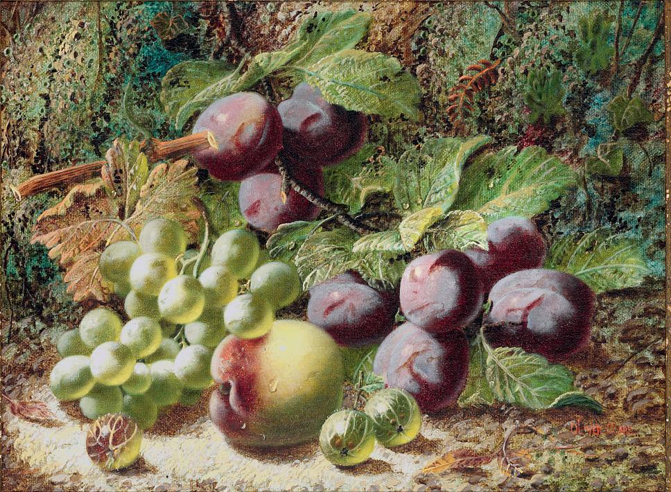 Oliver Clare - Plums, grapes, a peach and gooseberries on a mossy bank