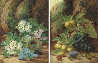 Oliver Clare - Primroses and apple blossom, a bird\'s nest with eggs, on a mossy bank; and Grapes, plums, gooseberries, a plum and a strawberry, on a mossy bank
