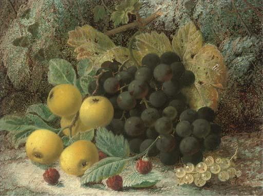 Oliver Clare - Raspberries, Gooseberries, Plums And Grapes On A Mossy Bank