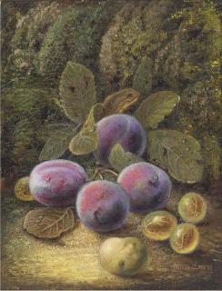Oliver Clare - Still life of plums and gooseberries on a mossy bank