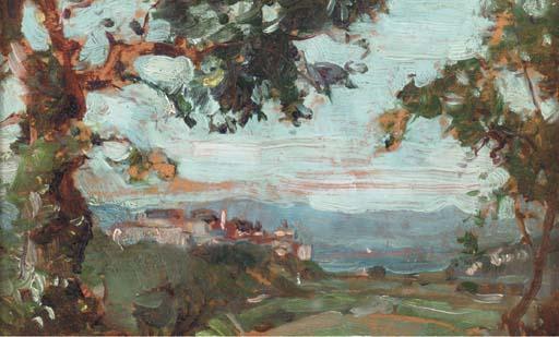 Oliver Dennett Grover - A valley with a hilltop village