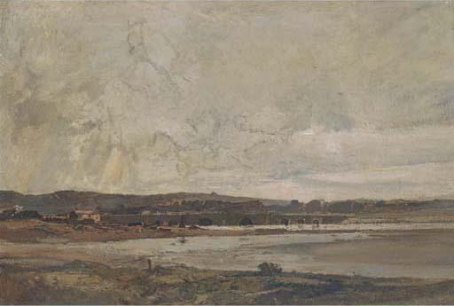 Oliver Hall, R.A., R.W.S., R.E. - A bridge in a river landscape