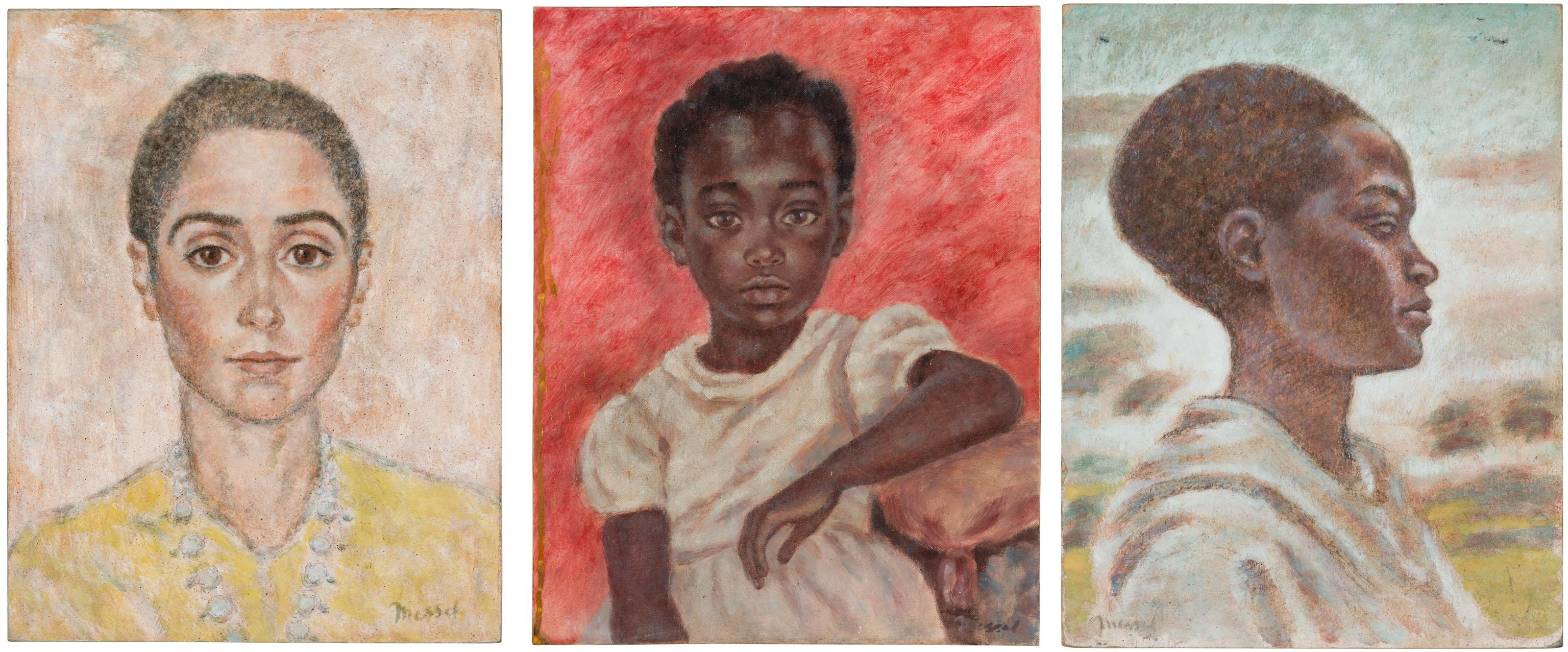 Oliver Hilary Sambourne Messel - Portrait of a young girl in a white dress, seated on a cushion (i); portrait of a lady (ii); portrait of a young woman in profile, before a landscape (iii)