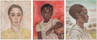 Oliver Hilary Sambourne Messel - Portrait of a young girl in a white dress, seated on a cushion (i); portrait of a lady (ii); portrait of a young woman in profile, before a landscape (iii)