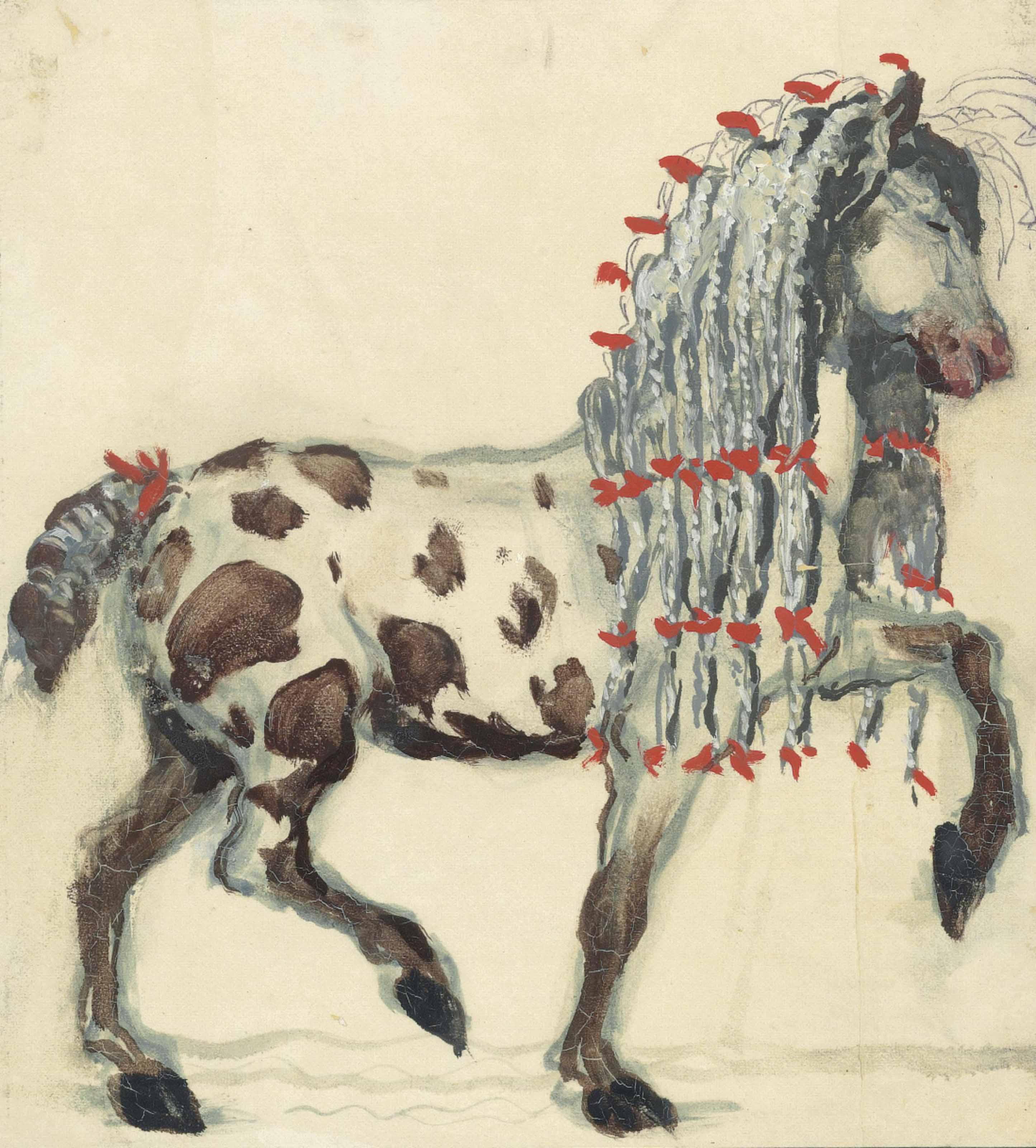 Oliver Messel - A skewbald pony with red ribbons