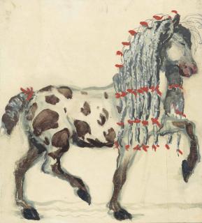 Oliver Messel - A skewbald pony with red ribbons