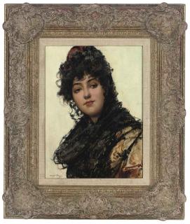 Oliver Rhys - Portrait of a Spanish girl, small half-length, in traditional dress