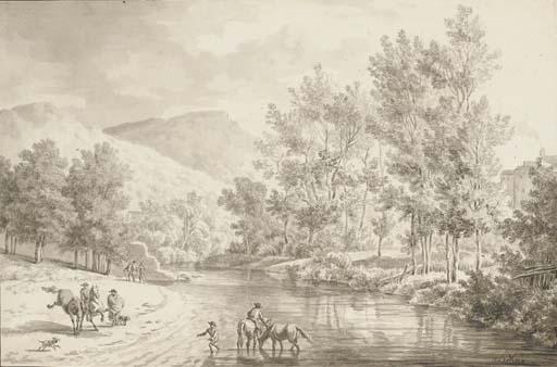 Olivier Le May - Un paysage de rivière avec des figures et des chevaux passant un gué