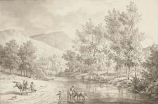 Olivier Le May - Un paysage de rivière avec des figures et des chevaux passant un gué