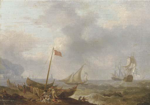 Olivier Lemay - A Mediterranean coastal scene with sailing boats and fishermen on the beach, two three-masters in rough waters and a harbour beyond