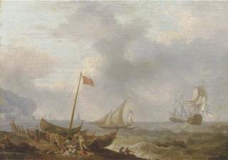 Olivier Lemay - A Mediterranean coastal scene with sailing boats and fishermen on the beach, two three-masters in rough waters and a harbour beyond