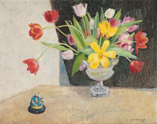 Olle Hjortzberg - Still life with tulips and oriental figurine