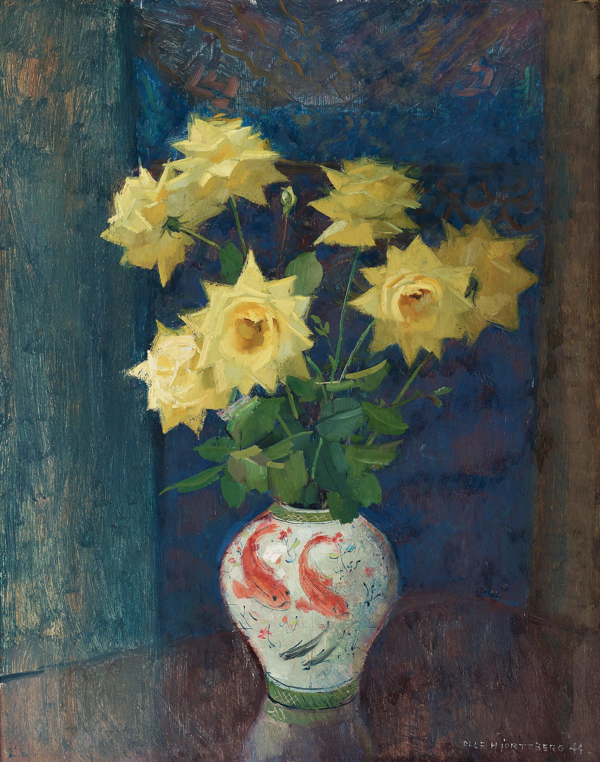 Olle Hjortzberg - Still life with yellow roses in a chinese urn