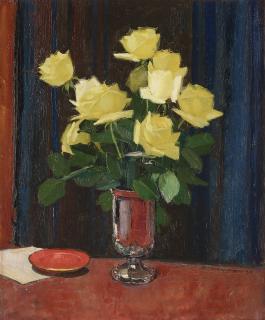 Olle Hjortzberg - Still life with yellow roses in a silver vase