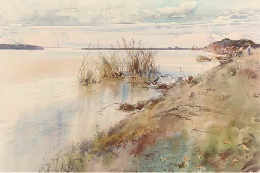 Onorato Carlandi - A River Landscape With Figures On The Banks; Also A Companion Watercolor