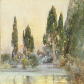 Onorato Carlandi - Cipressi E Ruderi Oltre Il Fiume